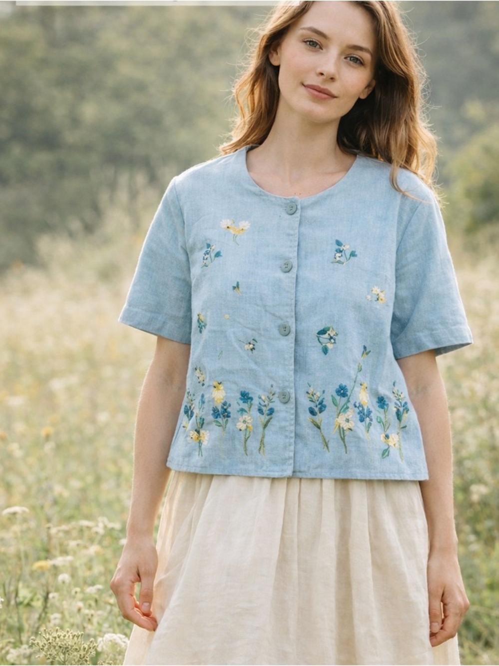 Reversible Cottagecore Prairie Jacket | Embroidered Floral Blue Cardigan Jacket